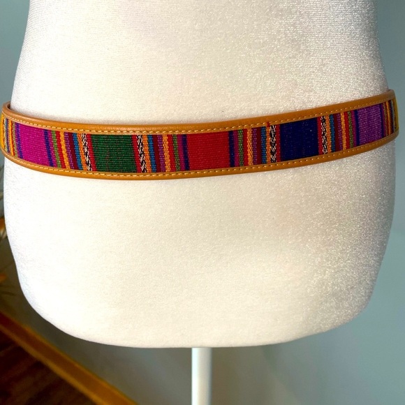 Omega VTG Colorful Cotton Striped and Honey Tan Leather Guatemalan Belt Size L - Picture 2 of 9